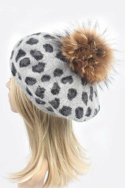 Wool Blend Leopard Print Raccoon Fur Pom Beret - Shop Style & More | Fresh Looks, Everyday Deals & Free Shipping