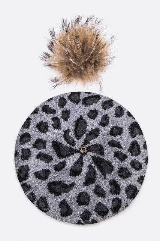 Wool Blend Leopard Print Raccoon Fur Pom Beret - Shop Style & More | Fresh Looks, Everyday Deals & Free Shipping