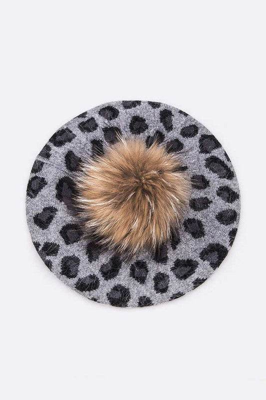 Wool Blend Leopard Print Raccoon Fur Pom Beret - Shop Style & More | Fresh Looks, Everyday Deals & Free Shipping