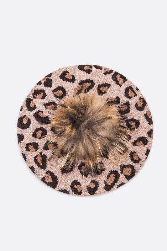 Wool Blend Leopard Print Raccoon Fur Pom Beret - Shop Style & More | Fresh Looks, Everyday Deals & Free Shipping