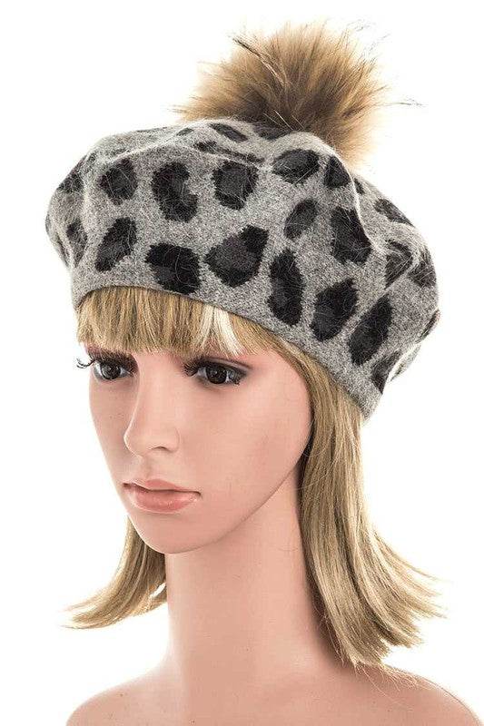 Wool Blend Leopard Print Raccoon Fur Pom Beret - Shop Style & More | Fresh Looks, Everyday Deals & Free Shipping