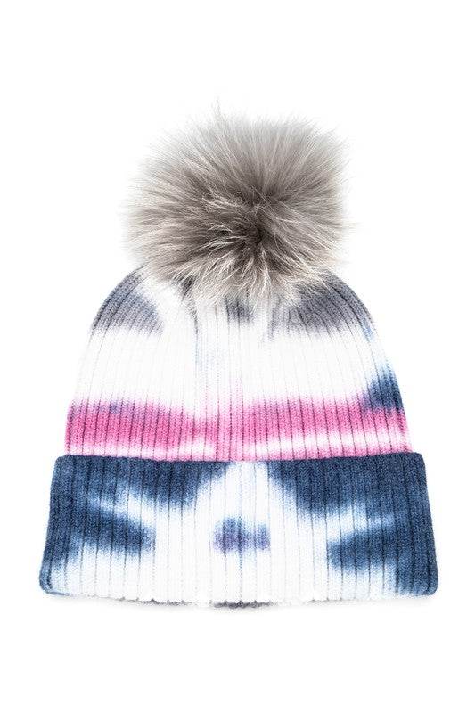 Large Genuine Fur Pom Tie Dyed Cotton Blend Beanie - Shop Style & More | Fresh Looks, Everyday Deals & Free Shipping