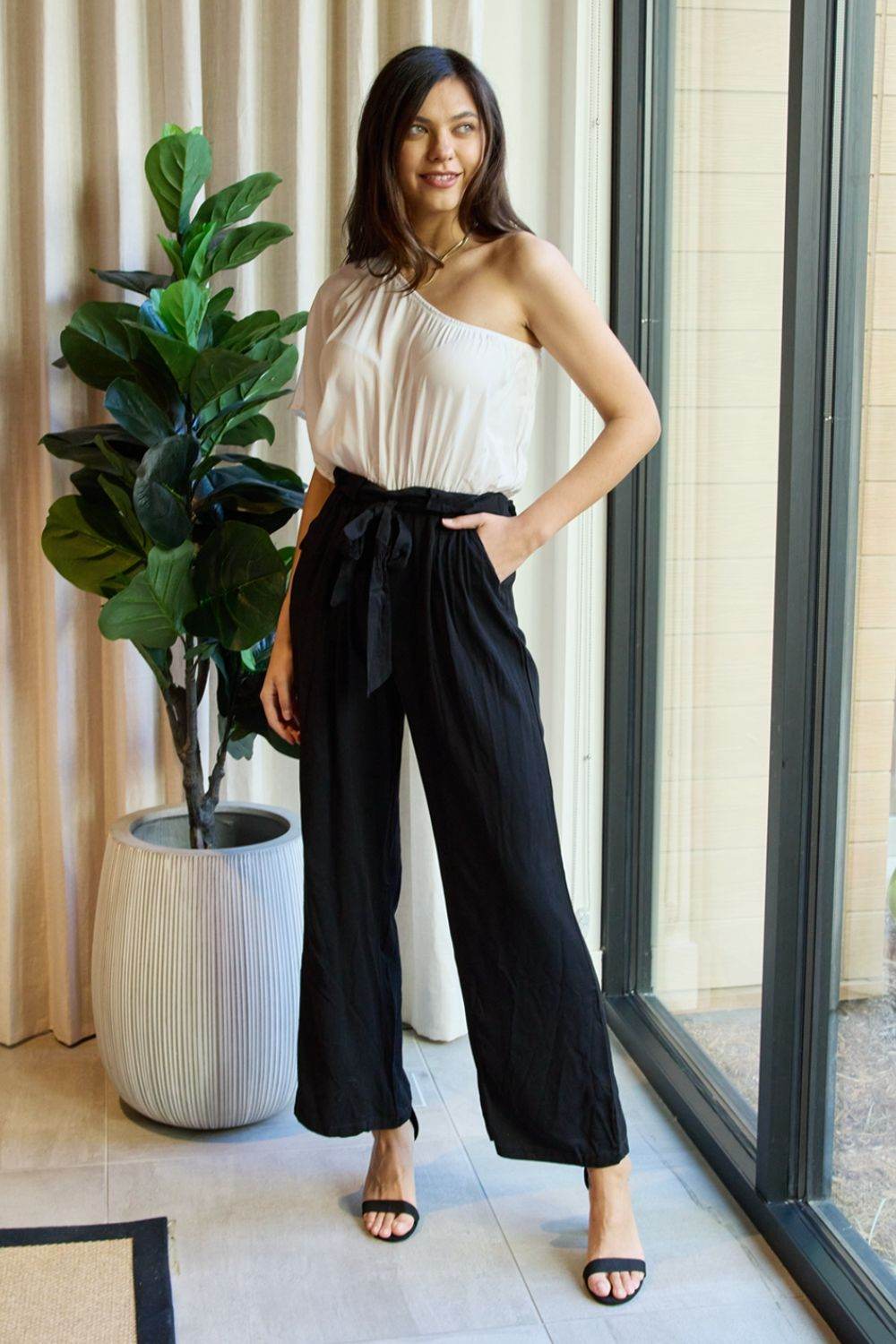 Dress Day Marvelous in Manhattan One-Shoulder Jumpsuit in White/Black - Shop Style & More | Fresh Looks, Everyday Deals & Free Shipping