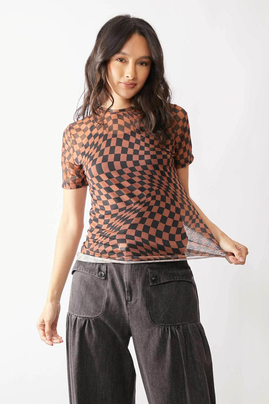 Davi & Dani Checker Board Printed Mesh Short Sleeve Top - Shop Style & More | Fresh Looks, Everyday Deals & Free Shipping
