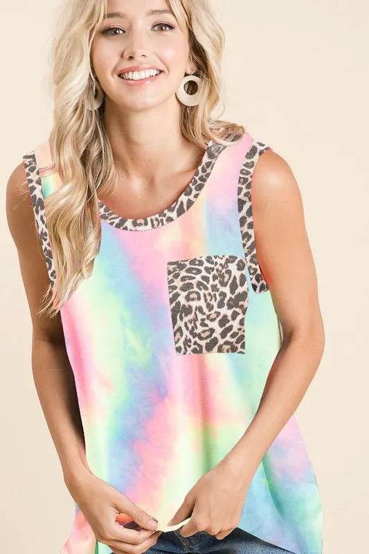 BiBi Sleeveless Tie Dye Top With Leopard Band - Shop Style & More | Fresh Looks, Everyday Deals & Free Shipping