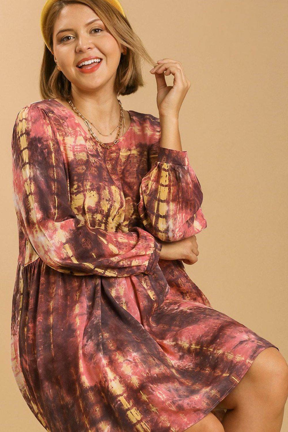Umgee Full Size Tie Dye Long Sleeve Babydoll Dress with Keyhole Plus Size - Shop Style & More | Fresh Looks, Everyday Deals & Free Shipping