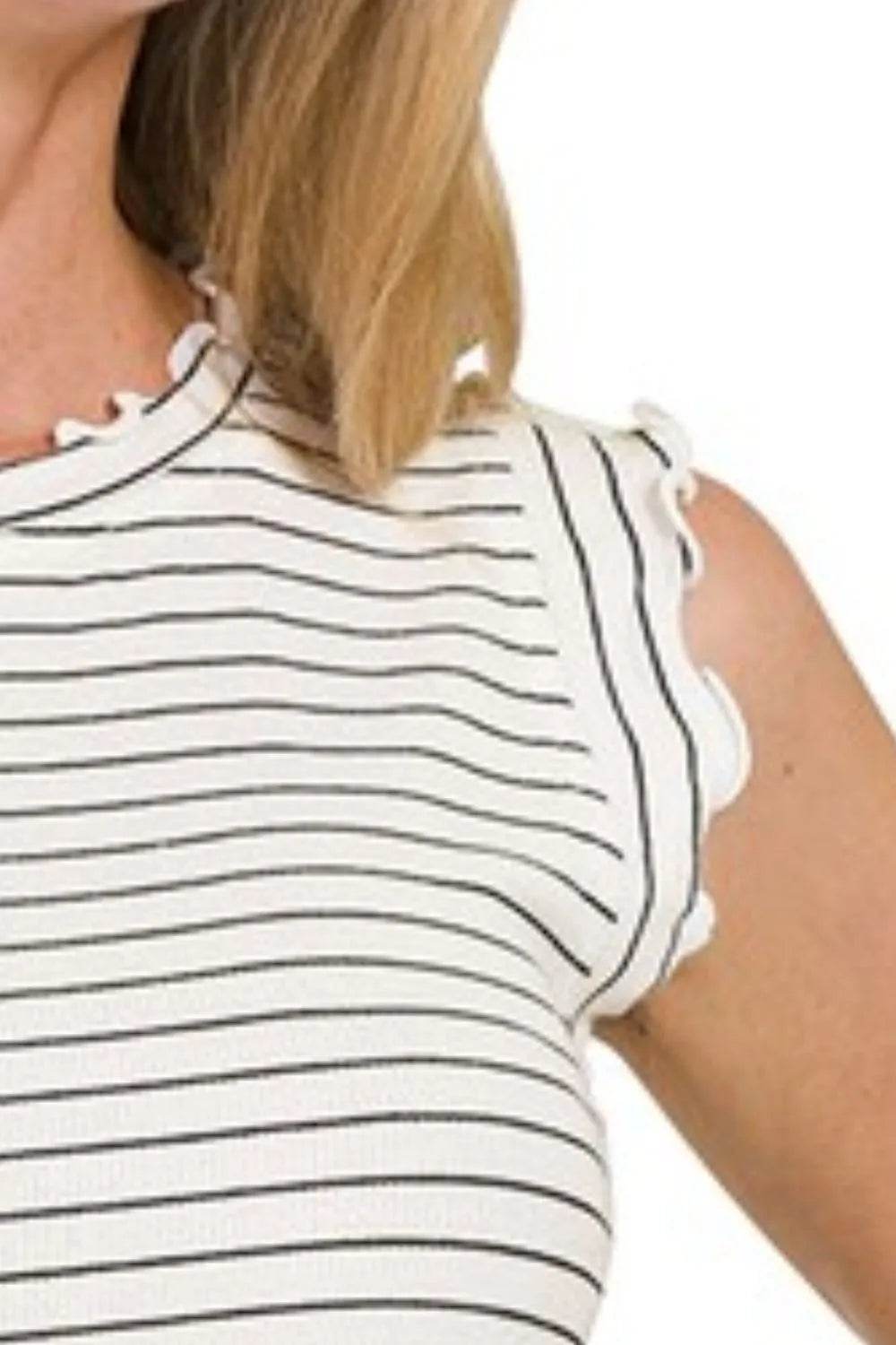 Zenana Ribbed Ruffle Trim Sleeveless Stripe Top - Shop Style & More | Fresh Looks, Everyday Deals & Free Shipping