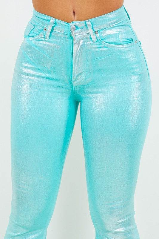 Metallic Bell Bottom Jean in Turquoise -Inseam 34 - Shop Style & More | Fresh Looks, Everyday Deals & Free Shipping