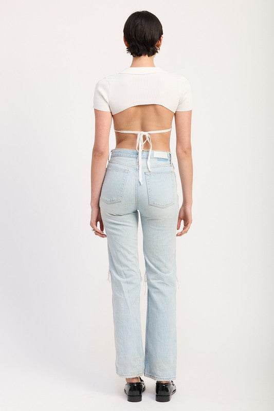 COLLARED SHORT SLEEVE TOP WITH OPEN BACK - Shop Style & More | Fresh Looks, Everyday Deals & Free Shipping