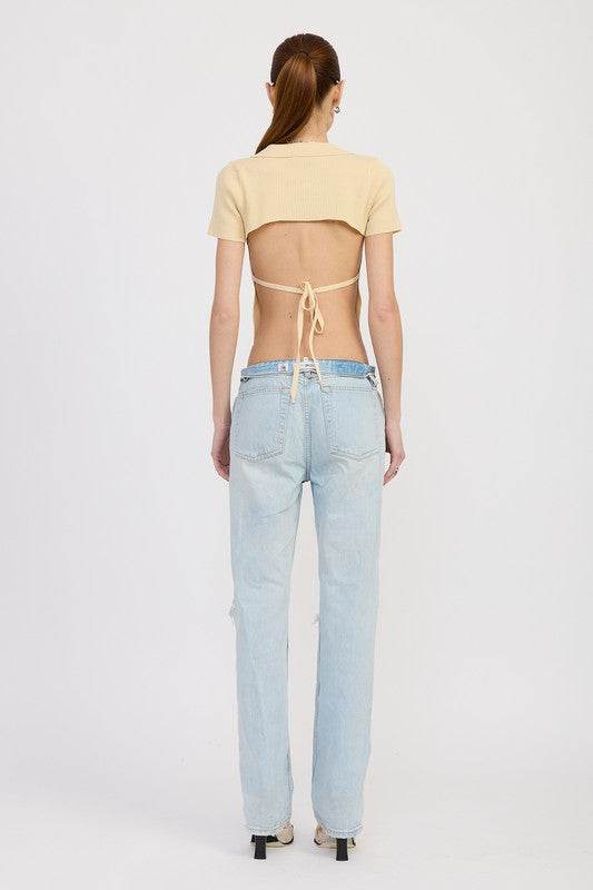 COLLARED SHORT SLEEVE TOP WITH OPEN BACK - Shop Style & More | Fresh Looks, Everyday Deals & Free Shipping