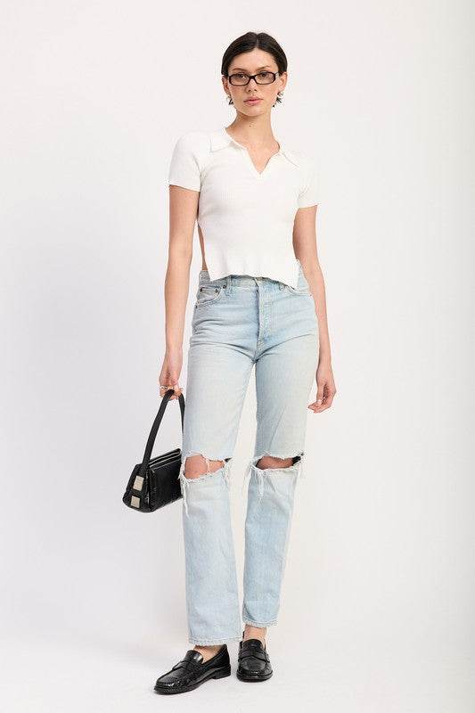 COLLARED SHORT SLEEVE TOP WITH OPEN BACK - Shop Style & More | Fresh Looks, Everyday Deals & Free Shipping