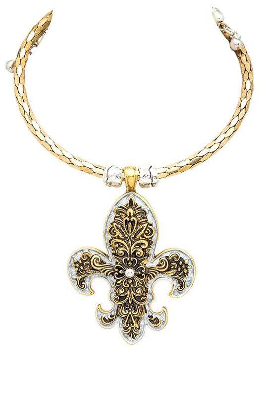 2 Tone Fleur De Lis Pendant Collar Necklace - Shop Style & More | Fresh Looks, Everyday Deals & Free Shipping