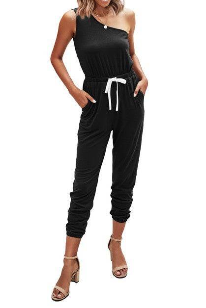 One Shoulder Sleeveless Elastic Waist Jumpsuit - Shop Style & More | Fresh Looks, Everyday Deals & Free Shipping