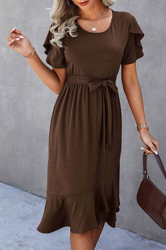 Petal Sleeve Ruffle Trim Wrap Belted Midi Dress - Shop Style & More | Fresh Looks, Everyday Deals & Free Shipping