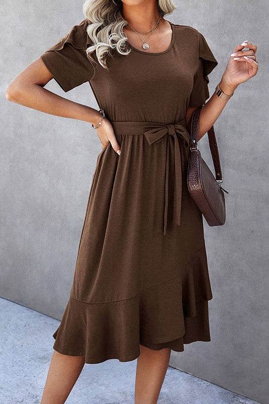 Petal Sleeve Ruffle Trim Wrap Belted Midi Dress - Shop Style & More | Fresh Looks, Everyday Deals & Free Shipping