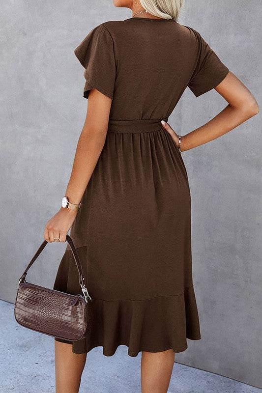 Petal Sleeve Ruffle Trim Wrap Belted Midi Dress - Shop Style & More | Fresh Looks, Everyday Deals & Free Shipping