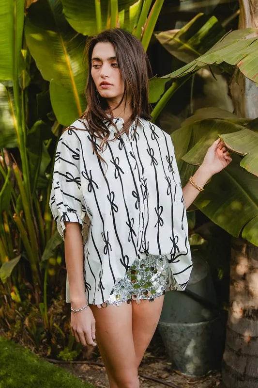 BiBi Bow Ribbon Woven Printed Button Down Shirt - Shop Style & More | Fresh Looks, Everyday Deals & Free Shipping