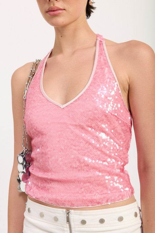 SEQUIN HALTER TOP WITH CONTRAST TRIM - Shop Style & More | Fresh Looks, Everyday Deals & Free Shipping