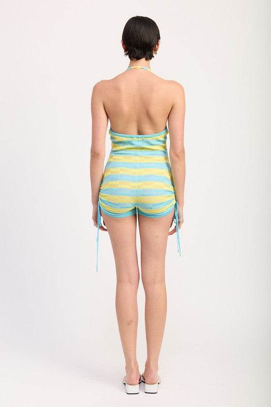 STRIPED KNIT HALTER NECK ROMPER WITH DRAWSTRINGS - Shop Style & More | Fresh Looks, Everyday Deals & Free Shipping