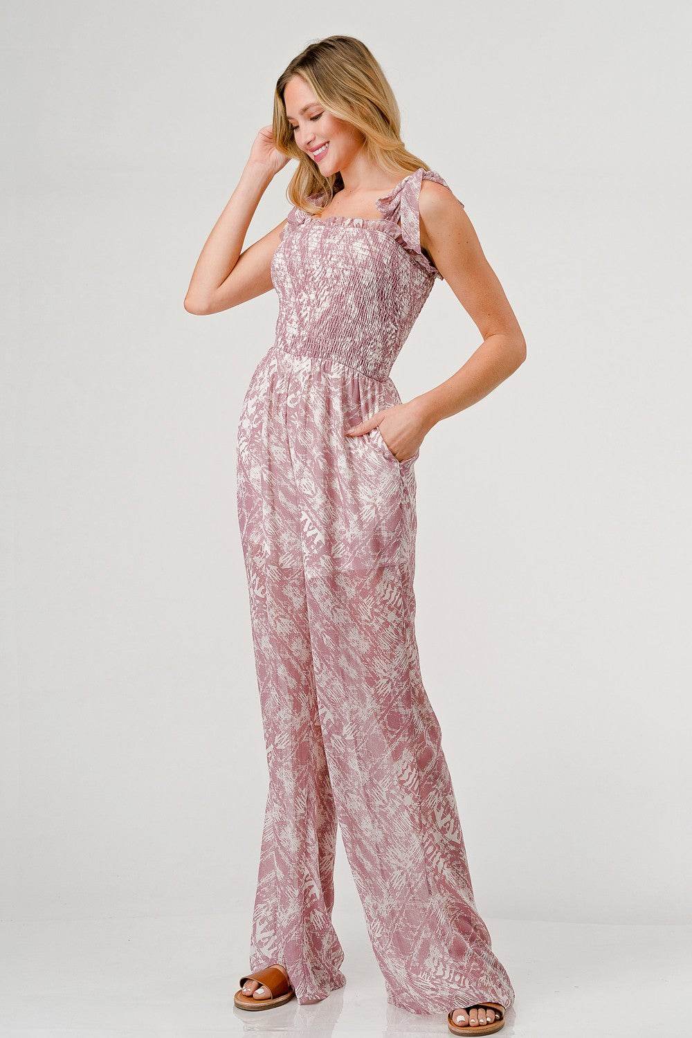 GeeGee Printed Tie Shoulder Wide Leg Jumpsuit - Shop Style & More | Fresh Looks, Everyday Deals & Free Shipping