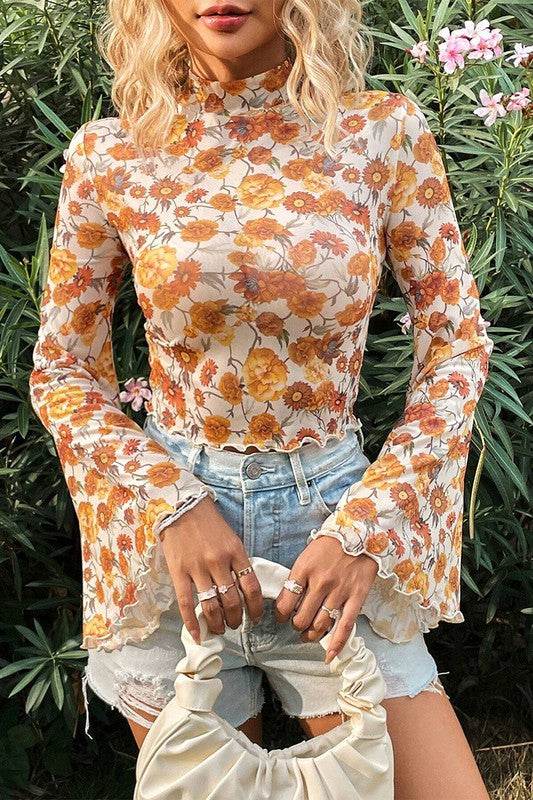 Floral Bell Sleeve Mock Neck Scallop Trim Blouse - Shop Style & More | Fresh Looks, Everyday Deals & Free Shipping