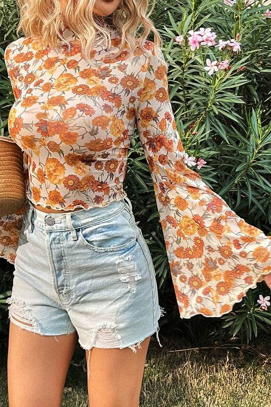 Floral Bell Sleeve Mock Neck Scallop Trim Blouse - Shop Style & More | Fresh Looks, Everyday Deals & Free Shipping