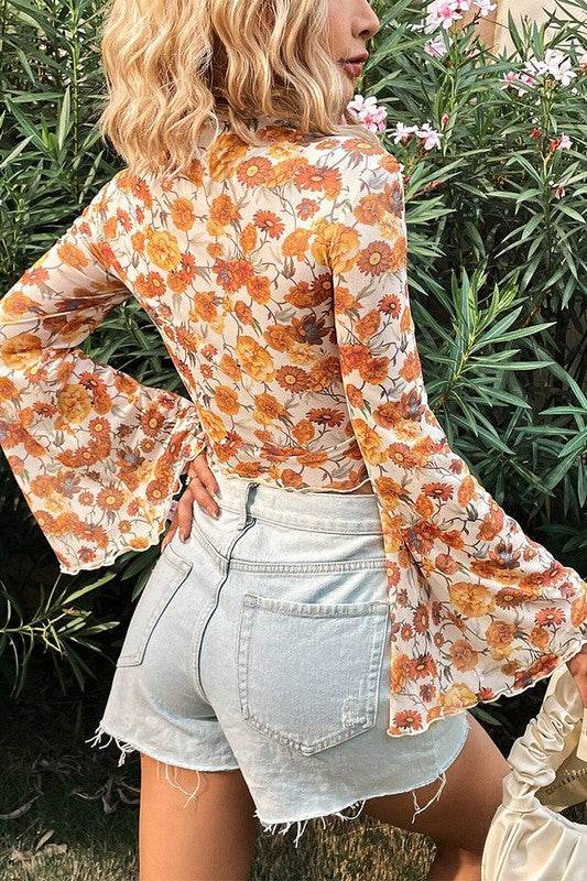 Floral Bell Sleeve Mock Neck Scallop Trim Blouse - Shop Style & More | Fresh Looks, Everyday Deals & Free Shipping
