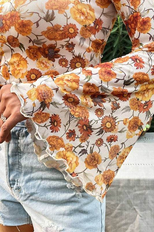 Floral Bell Sleeve Mock Neck Scallop Trim Blouse - Shop Style & More | Fresh Looks, Everyday Deals & Free Shipping