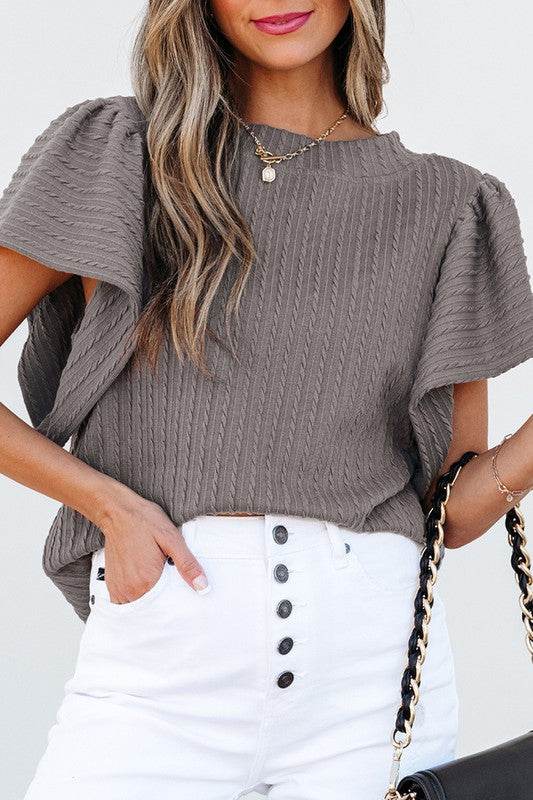 Solid Color Textured Flutter Sleeve Top - Shop Style & More | Fresh Looks, Everyday Deals & Free Shipping