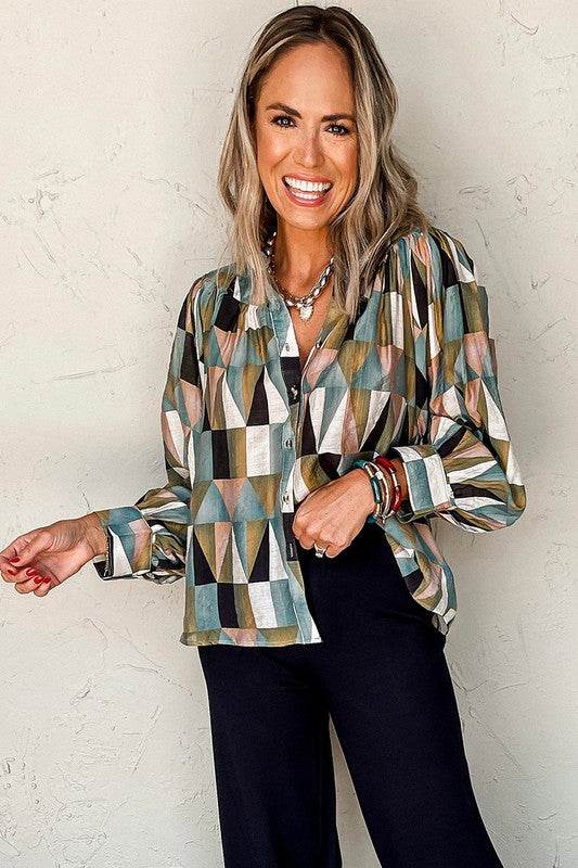 Print Buttoned Balloon Sleeve Loose Fit Shirt - Shop Style & More | Fresh Looks, Everyday Deals & Free Shipping