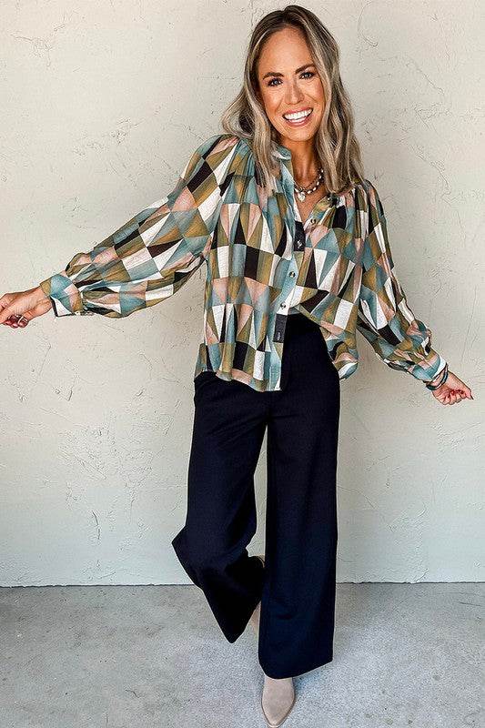 Print Buttoned Balloon Sleeve Loose Fit Shirt - Shop Style & More | Fresh Looks, Everyday Deals & Free Shipping