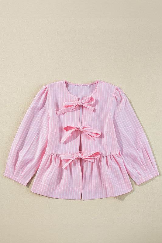 Stripe Bowknot Front Crew Neck Puff Sleeve Blouse - Shop Style & More | Fresh Looks, Everyday Deals & Free Shipping
