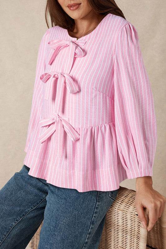 Stripe Bowknot Front Crew Neck Puff Sleeve Blouse - Shop Style & More | Fresh Looks, Everyday Deals & Free Shipping
