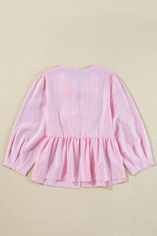 Stripe Bowknot Front Crew Neck Puff Sleeve Blouse - Shop Style & More | Fresh Looks, Everyday Deals & Free Shipping