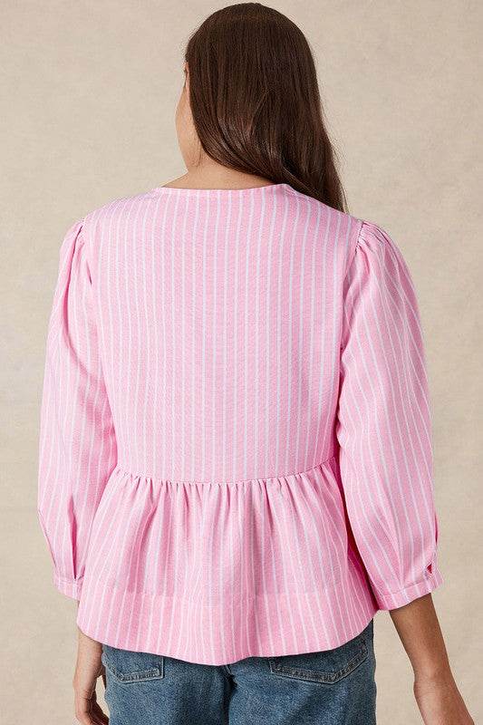 Stripe Bowknot Front Crew Neck Puff Sleeve Blouse - Shop Style & More | Fresh Looks, Everyday Deals & Free Shipping