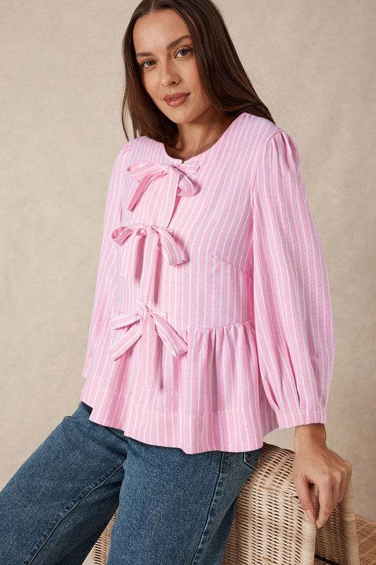Stripe Bowknot Front Crew Neck Puff Sleeve Blouse - Shop Style & More | Fresh Looks, Everyday Deals & Free Shipping
