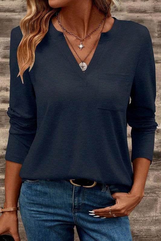 V Neck Pocket Patched Long Sleeve Blouse - Shop Style & More | Fresh Looks, Everyday Deals & Free Shipping