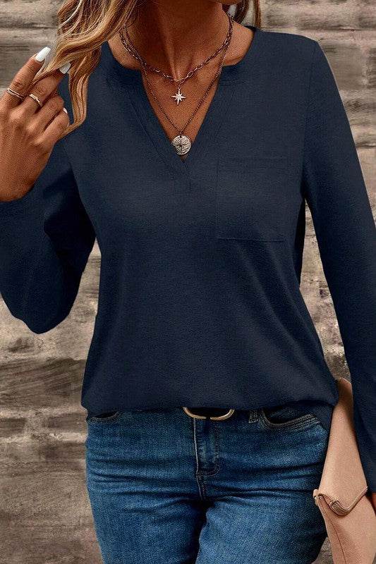 V Neck Pocket Patched Long Sleeve Blouse - Shop Style & More | Fresh Looks, Everyday Deals & Free Shipping