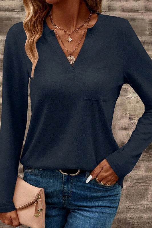V Neck Pocket Patched Long Sleeve Blouse - Shop Style & More | Fresh Looks, Everyday Deals & Free Shipping