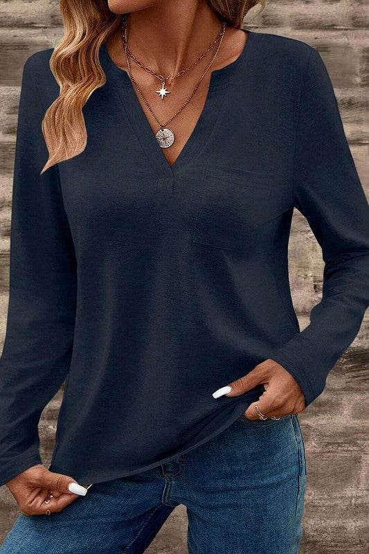 V Neck Pocket Patched Long Sleeve Blouse - Shop Style & More | Fresh Looks, Everyday Deals & Free Shipping
