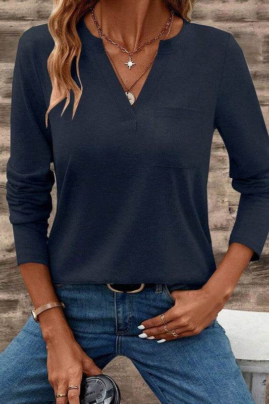 V Neck Pocket Patched Long Sleeve Blouse - Shop Style & More | Fresh Looks, Everyday Deals & Free Shipping