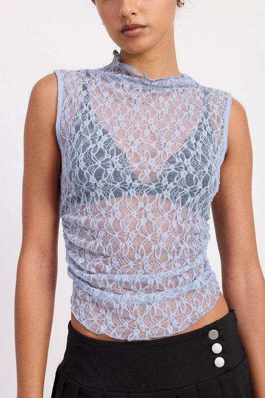 LACE MOCK NECK SLEEVELESS TOP WITH SIDE RUCHING - Shop Style & More | Fresh Looks, Everyday Deals & Free Shipping