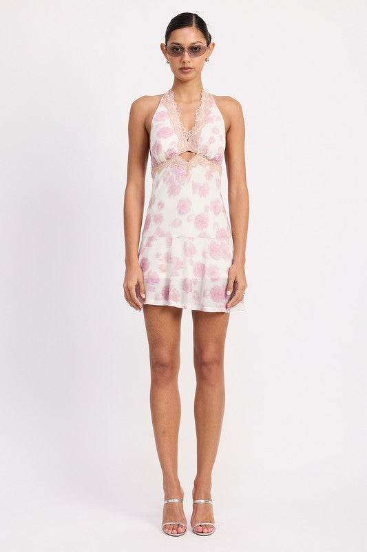 FLARED MINI DRESS WITH HALTER NECK AND LACE TRIM - Shop Style & More | Fresh Looks, Everyday Deals & Free Shipping