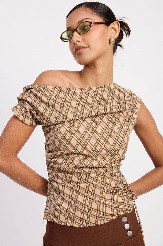 ASYMMETRIC ONE SHOULDER RUCHED PLAID TOP - Shop Style & More | Fresh Looks, Everyday Deals & Free Shipping