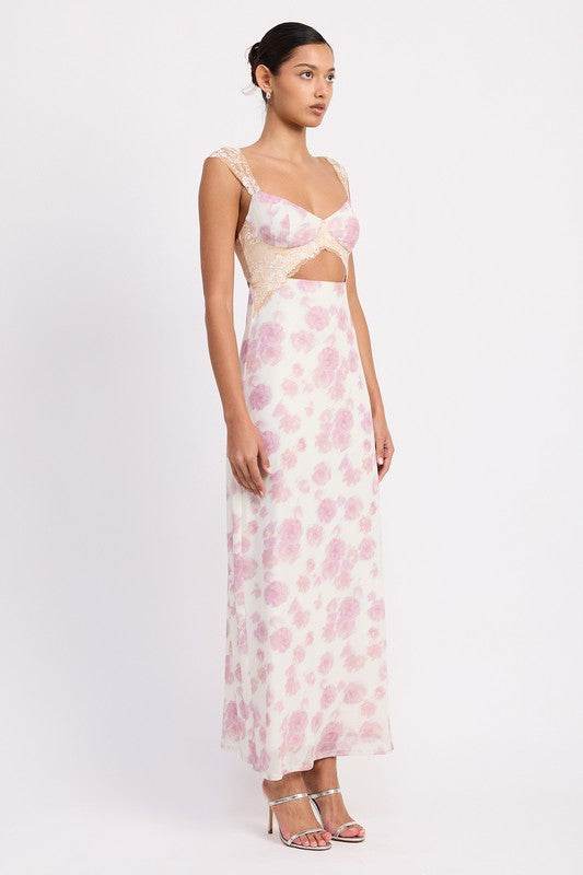FLORAL MESH LACE TRIM MAXI DRESS WITH BUST CUTOUT - Shop Style & More | Fresh Looks, Everyday Deals & Free Shipping
