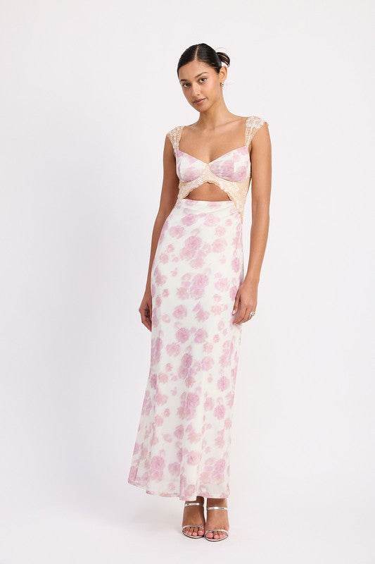 FLORAL MESH LACE TRIM MAXI DRESS WITH BUST CUTOUT - Shop Style & More | Fresh Looks, Everyday Deals & Free Shipping