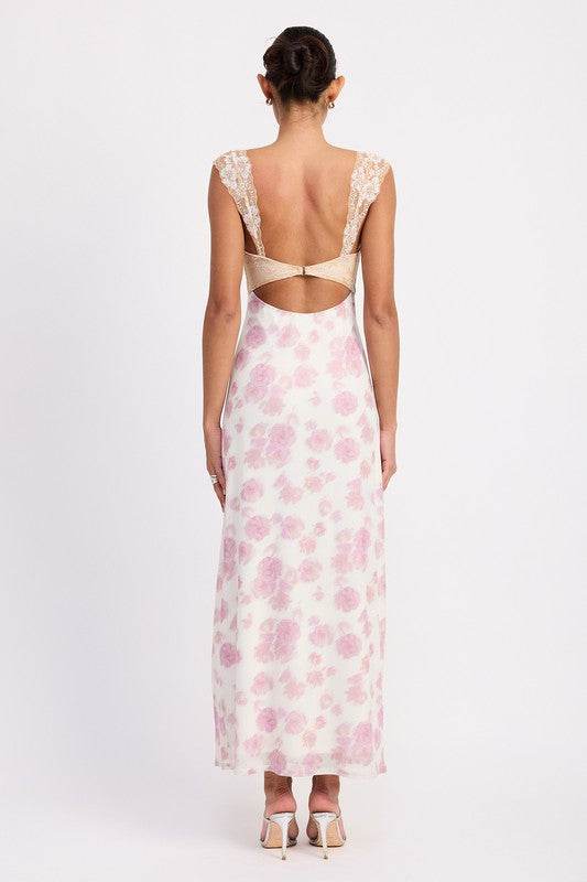 FLORAL MESH LACE TRIM MAXI DRESS WITH BUST CUTOUT - Shop Style & More | Fresh Looks, Everyday Deals & Free Shipping
