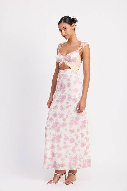 FLORAL MESH LACE TRIM MAXI DRESS WITH BUST CUTOUT - Shop Style & More | Fresh Looks, Everyday Deals & Free Shipping
