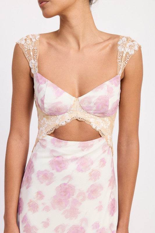 FLORAL MESH LACE TRIM MAXI DRESS WITH BUST CUTOUT - Shop Style & More | Fresh Looks, Everyday Deals & Free Shipping
