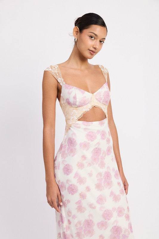 FLORAL MESH LACE TRIM MAXI DRESS WITH BUST CUTOUT - Shop Style & More | Fresh Looks, Everyday Deals & Free Shipping
